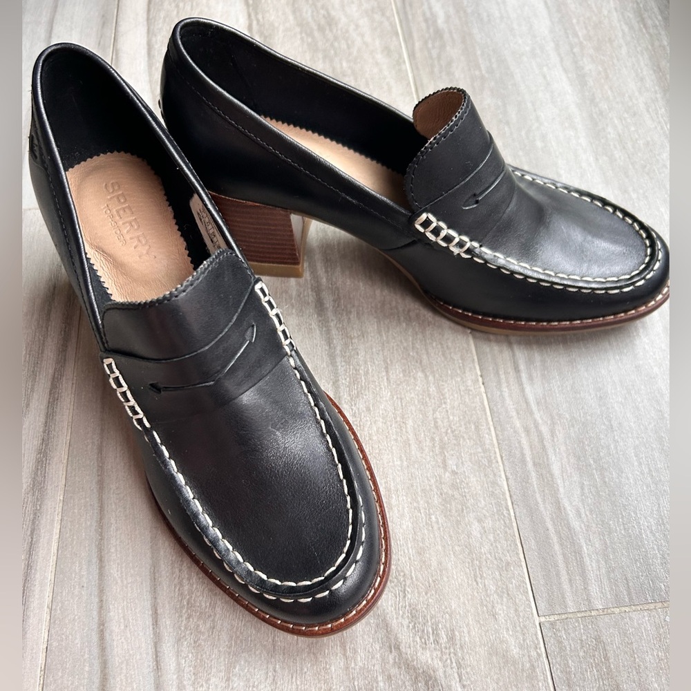 Sherry Black Leather Penny Loafers with Block Heels-Size 7